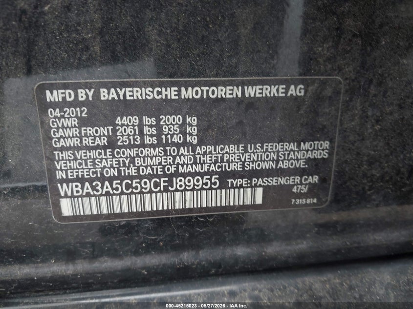 2012 BMW 328I VIN: WBA3A5C59CFJ89955 Lot: 45215023