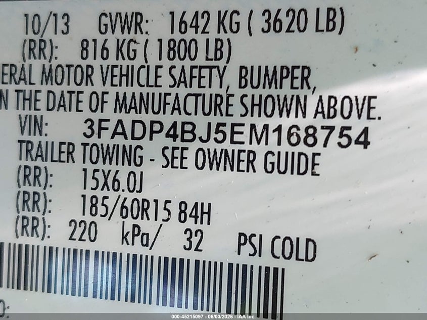 2014 Ford Fiesta Se VIN: 3FADP4BJ5EM168754 Lot: 45215097