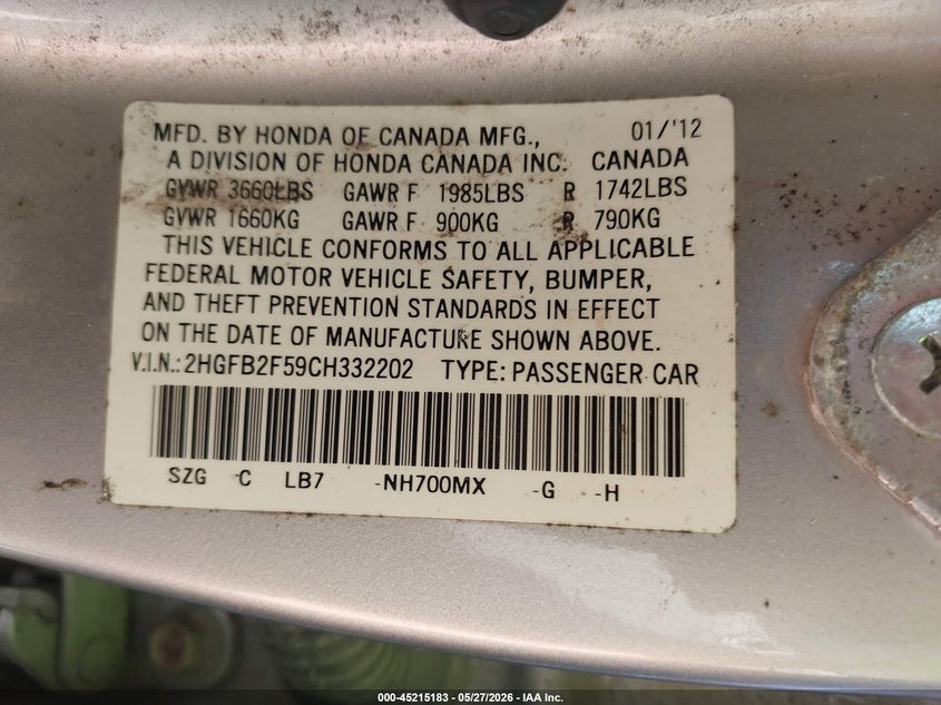 2012 Honda Civic 1.8 Lx silver Lot 111045215183 Vin 2HGFB2F59CH332202