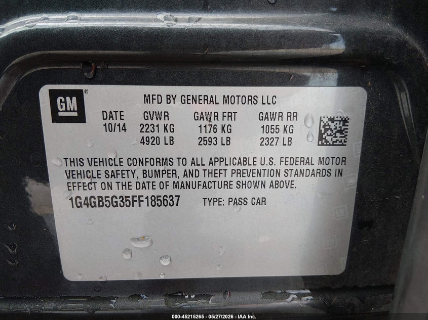 2015 Buick Lacrosse Leather VIN: 1G4GB5G35FF185637 Lot: 45215265