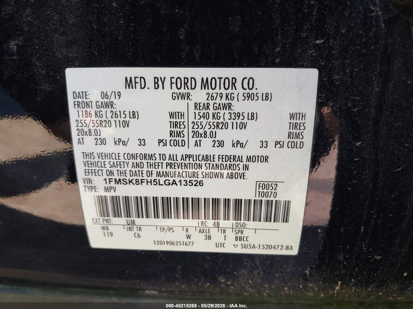 VIN 1FMSK8FH5LGA13526 2020 FORD EXPLORER LIMITED