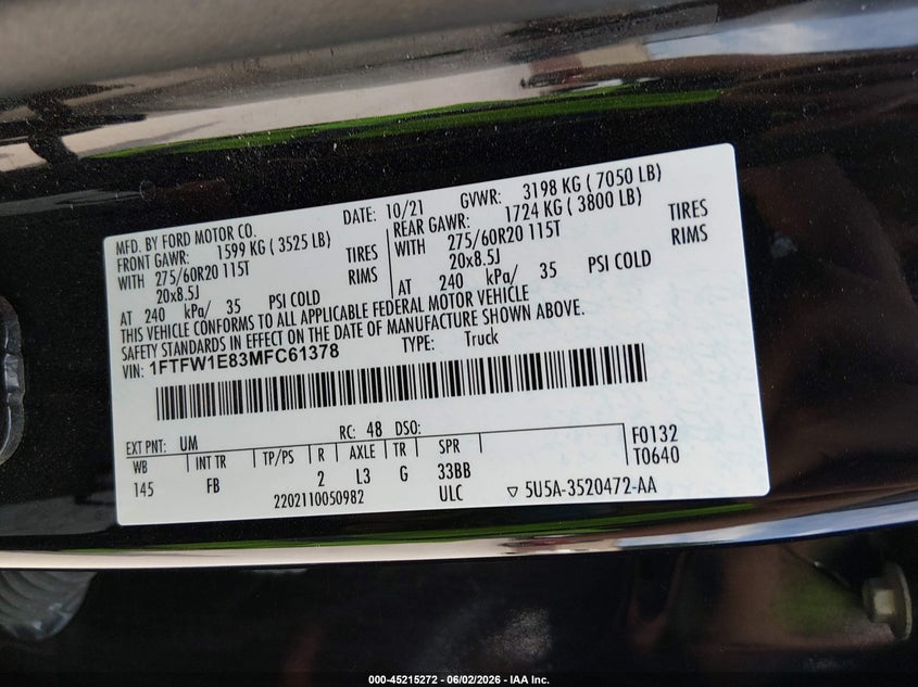 VIN 1FTFW1E83MFC61378 2021 FORD F-150 XLT