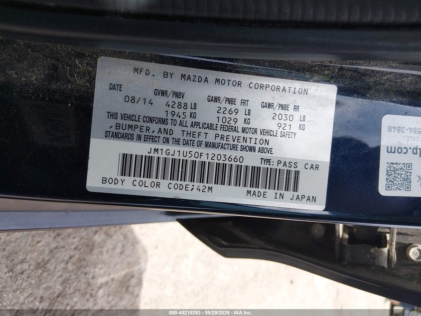 2015 Mazda Mazda6 I Sport VIN: JM1GJ1U50F1203660 Lot: 45215293