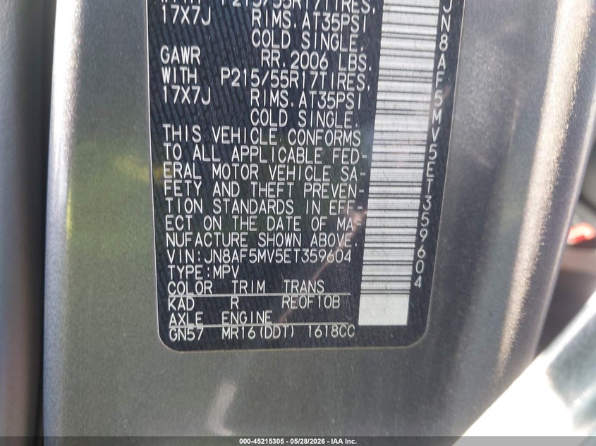 2014 Nissan Juke Sl VIN: JN8AF5MV5ET359604 Lot: 45215305