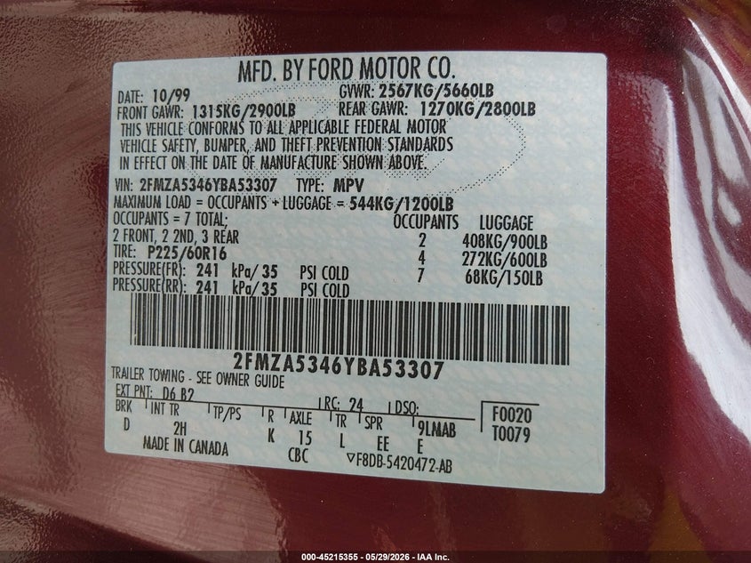 2000 Ford Windstar Limited/Sel VIN: 2FMZA5346YBA53307 Lot: 45215355
