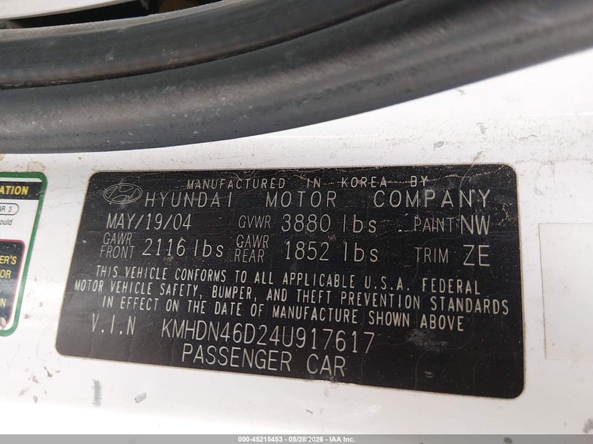 2004 Hyundai Elantra Gls/Gt VIN: KMHDN46D24U917617 Lot: 45215453