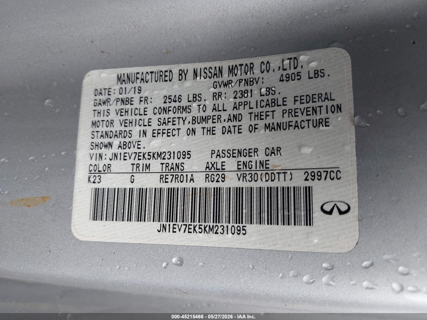 2019 Infiniti Q60 3.0T Luxe VIN: JN1EV7EK5KM231095 Lot: 45215466