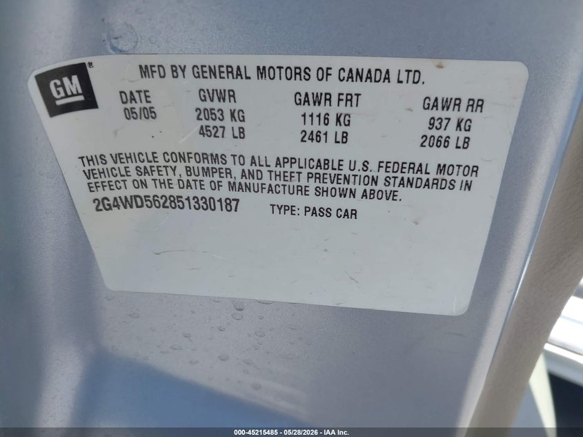 2005 Buick Lacrosse Cxl VIN: 2G4WD562851330187 Lot: 45215485