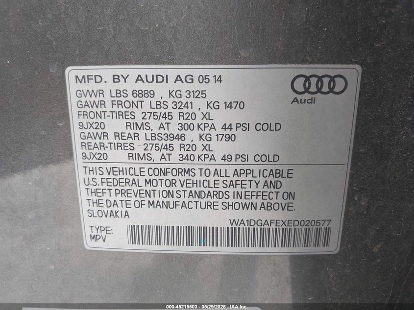 2014 Audi Q7 3.0T S Line Prestige VIN: WA1DGAFEXED020577 Lot: 45215503