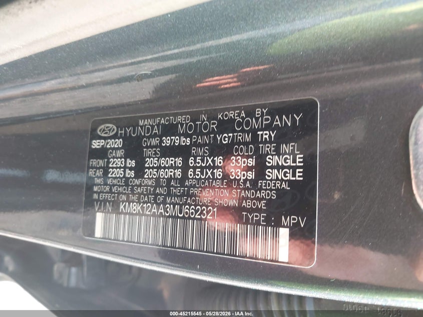 2021 Hyundai Kona Se VIN: KM8K12AA3MU662321 Lot: 45215545