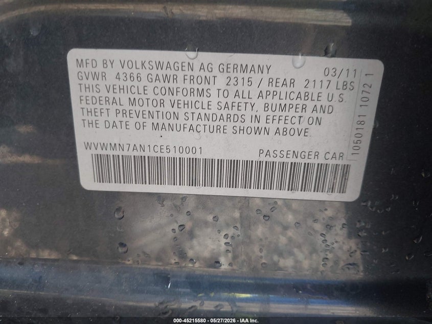 2012 Volkswagen Cc Sport VIN: WVWMN7AN1CE510001 Lot: 45215580