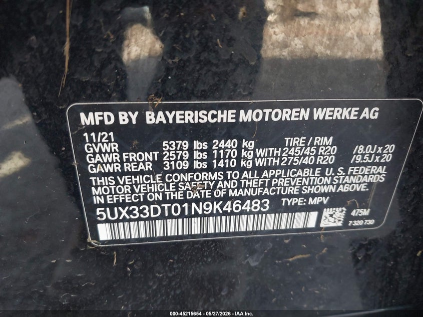 2022 BMW X4 xDrive30I VIN: 5UX33DT01N9K46483 Lot: 45215654