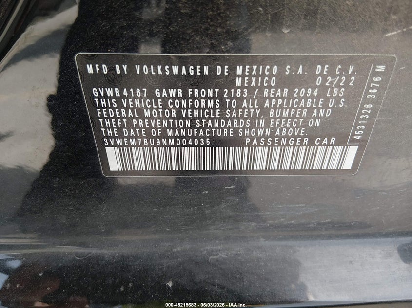 2022 Volkswagen Jetta 1.5T Se VIN: 3VWEM7BU9NM004035 Lot: 45215683