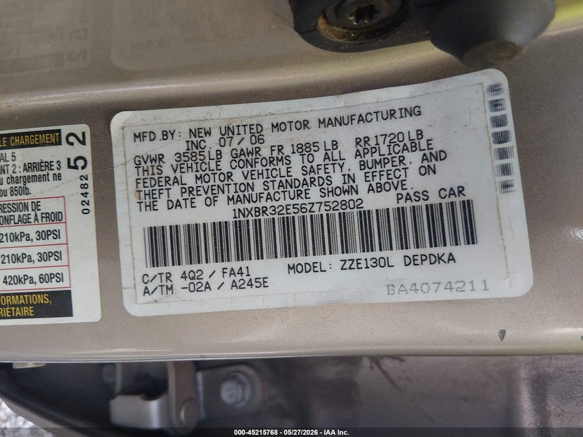 2006 TOYOTA COROLLA SEDAN 1.8L I-4 DOHC, VVT, 126HP