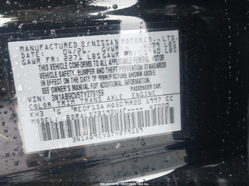 NISSAN SENTRA 2026 VIN 3N1AB9CV5TY279159