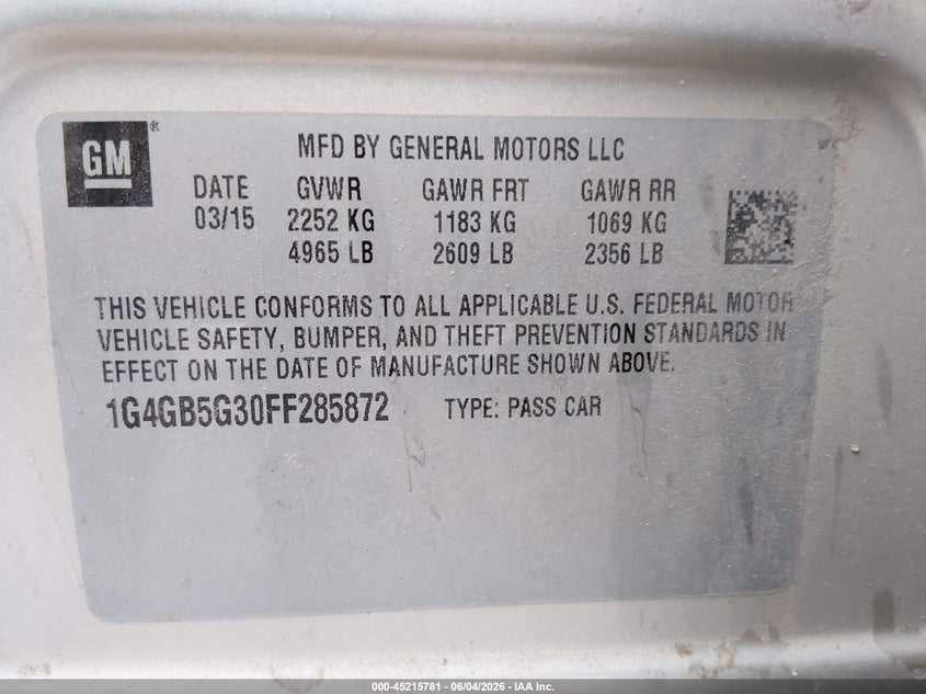 2015 Buick Lacrosse Leather VIN: 1G4GB5G30FF285872 Lot: 45215781