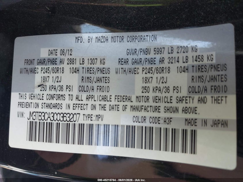 2012 Mazda Cx-9 3.7 Cx-9 Touring black Lot 111045215784 Vin JM3TB3CA3C0363207