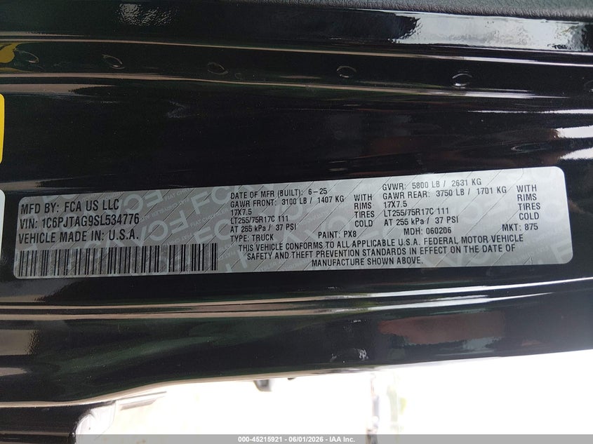2025 Jeep Gladiator High Tide VIN: 1C6PJTAG9SL534776 Lot: 45215921