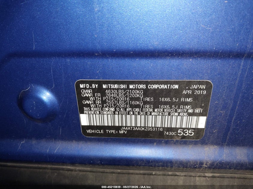 2019 Mitsubishi Eclipse Cross Es VIN: JA4AT3AA0KZ053116 Lot: 45215939