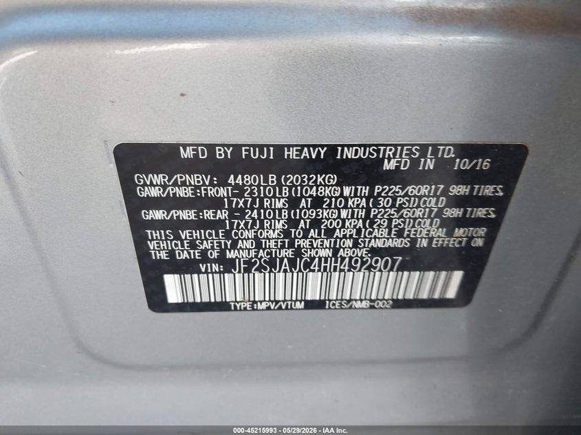 2017 Subaru Forester 2.5I Limited VIN: JF2SJAJC4HH492907 Lot: 45215993