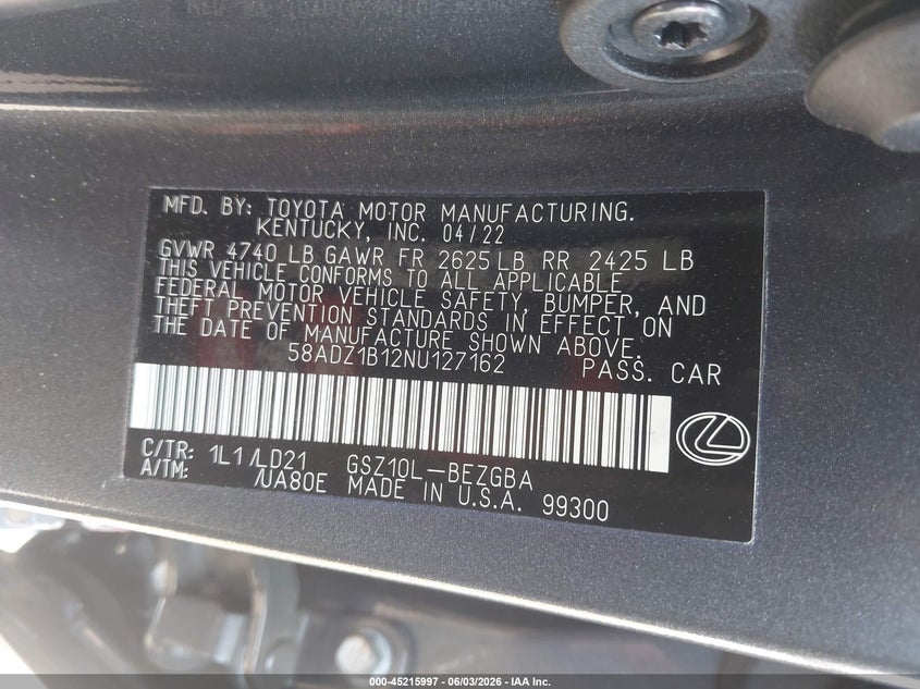 2022 Lexus Es 350 VIN: 58ADZ1B12NU127162 Lot: 45215997