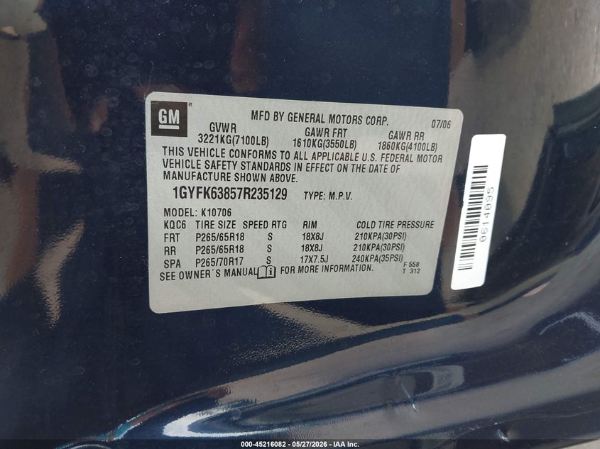 2007 Cadillac Escalade Standard VIN: 1GYFK63857R235129 Lot: 45216082