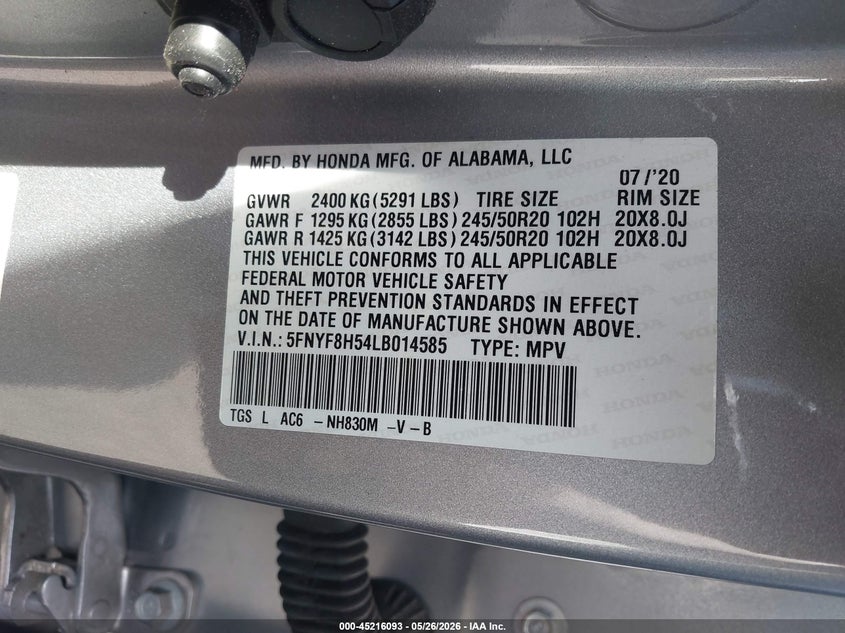 2020 Honda Passport Awd Ex-L VIN: 5FNYF8H54LB014585 Lot: 45216093