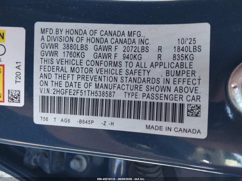 VIN 2HGFE2F51TH538587 2026 HONDA CIVIC SPORT