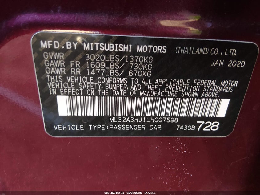 2020 Mitsubishi Mirage Es VIN: ML32A3HJ1LH007598 Lot: 45216184