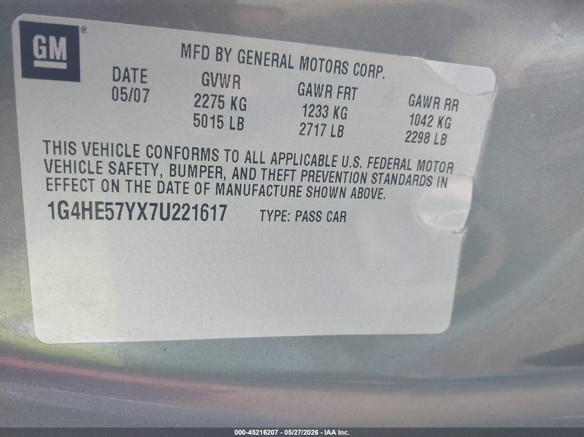2007 Buick Lucerne Cxs VIN: 1G4HE57YX7U221617 Lot: 45216207