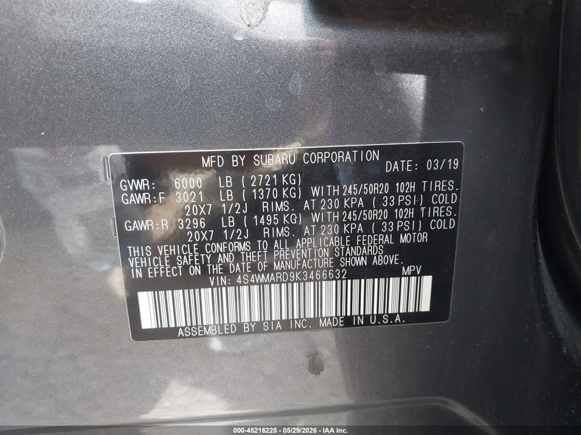 2019 Subaru Ascent Touring VIN: 4S4WMARD9K3466632 Lot: 45216225