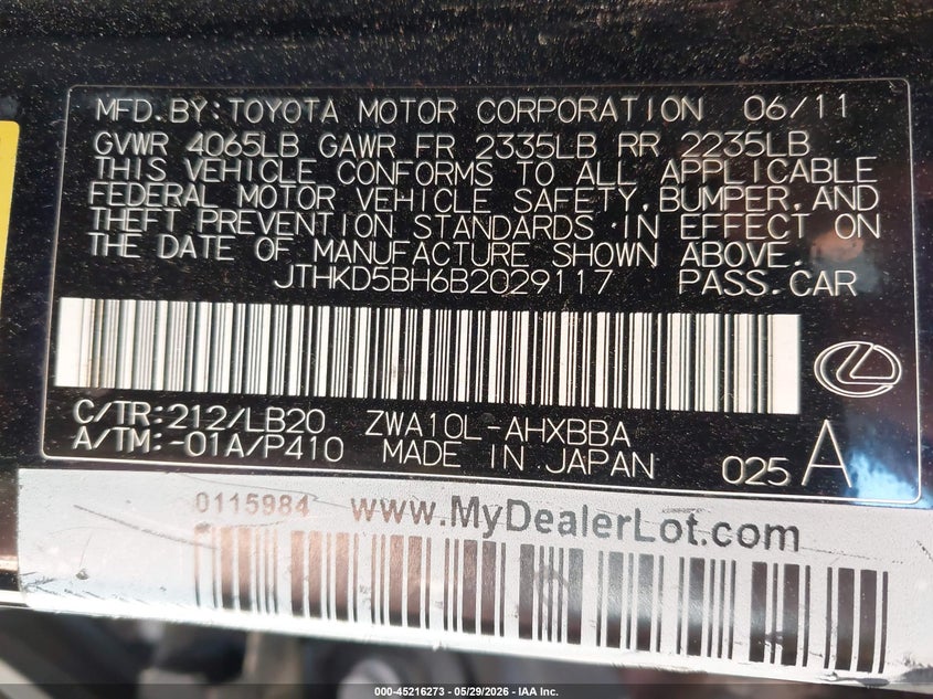 2011 Lexus Ct 200H Premium VIN: JTHKD5BH6B2029117 Lot: 45216273