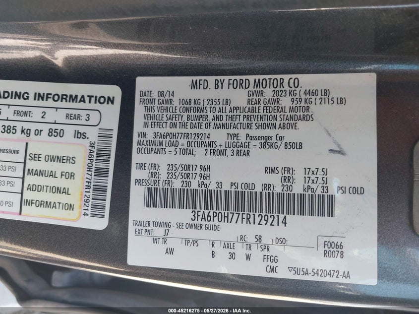 2015 Ford Fusion Se VIN: 3FA6P0H77FR129214 Lot: 45216275