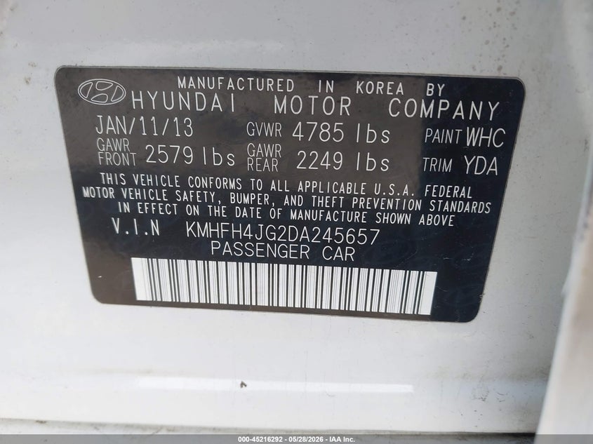 2013 Hyundai Azera VIN: KMHFH4JG2DA245657 Lot: 45216292