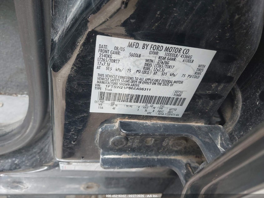2006 Ford F-250 Lariat/Xl/Xlt VIN: 1FTSW21P86EA96311 Lot: 45216302