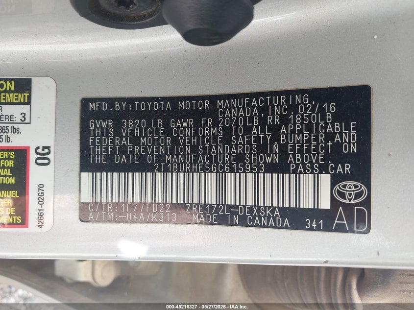2016 Toyota Corolla S VIN: 2T1BURHE5GC615953 Lot: 45216327