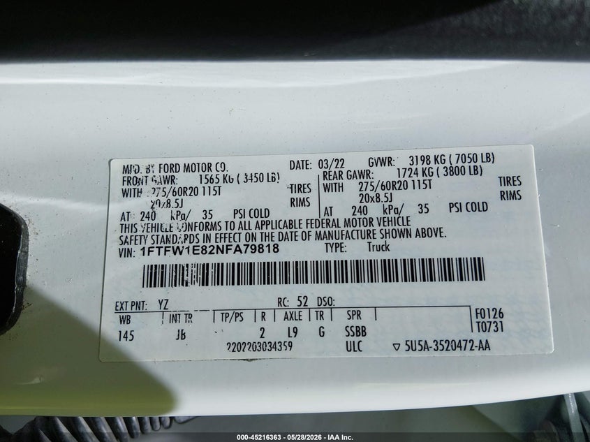 2022 Ford F-150 Xl VIN: 1FTFW1E82NFA79818 Lot: 45216363