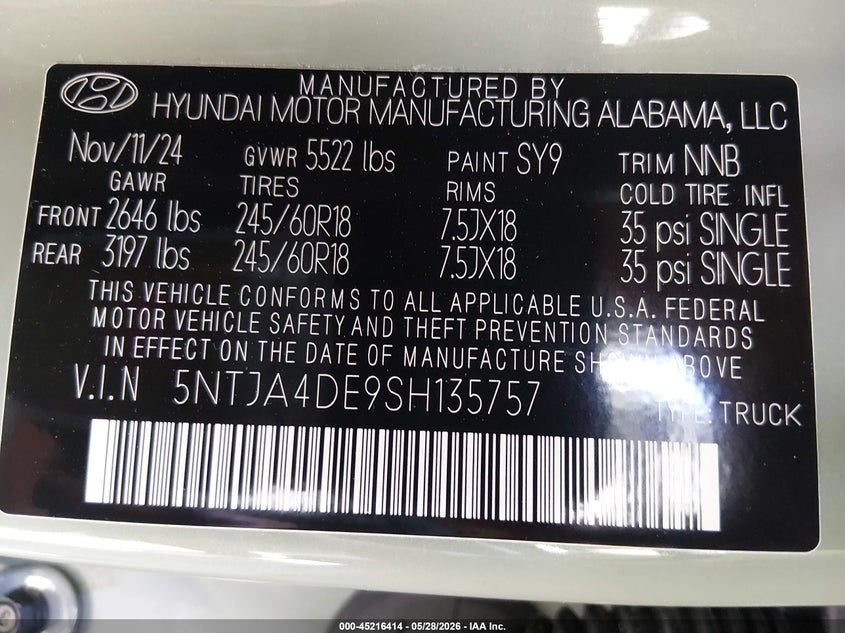 2025 Hyundai Santa Cruz Se VIN: 5NTJA4DE9SH135757 Lot: 45216414