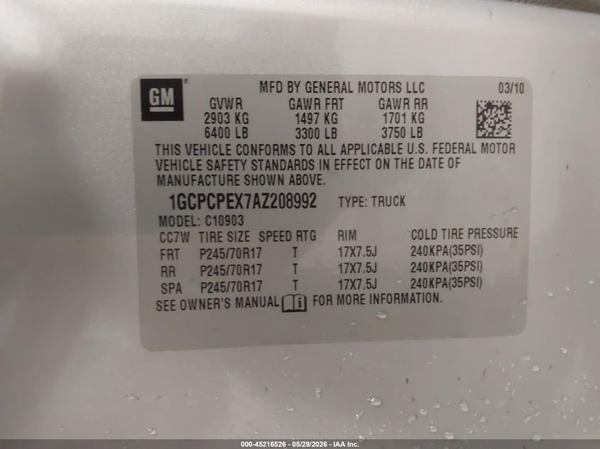 CHEVROLET SILVERADO 1500 2010 VIN 1GCPCPEX7AZ208992