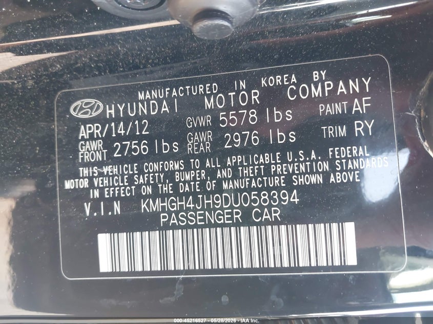 2013 Hyundai Equus Signature VIN: KMHGH4JH9DU058394 Lot: 45216527