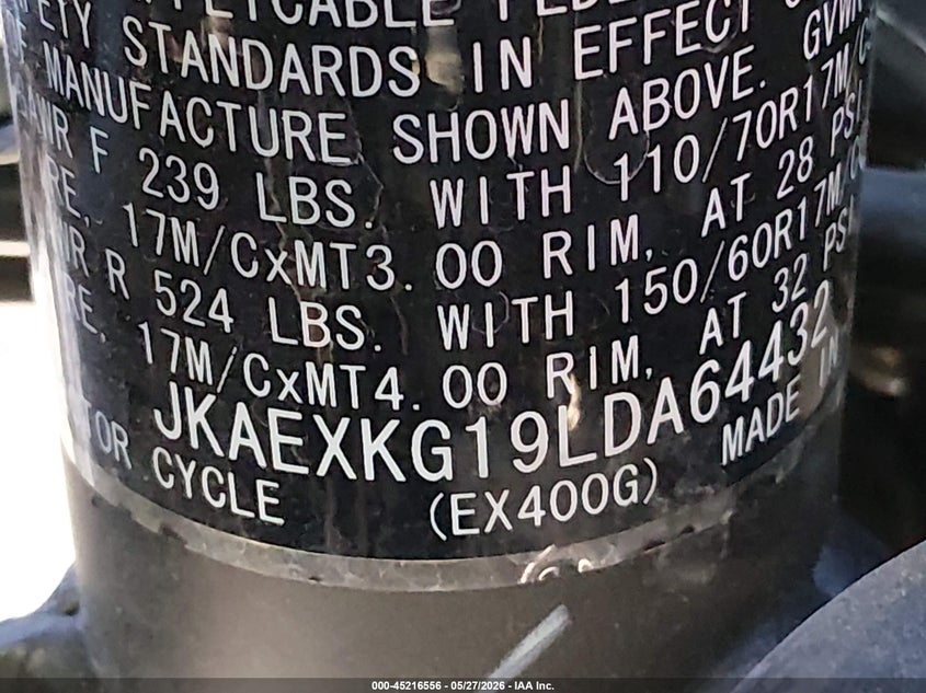 2020 Kawasaki Ex400 VIN: JKAEXKG19LDA64432 Lot: 45216556