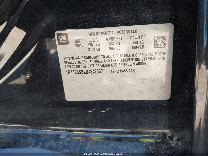 2013 Chevrolet Sonic Ltz Auto VIN: 1G1JE6SB2D4242867 Lot: 45216558