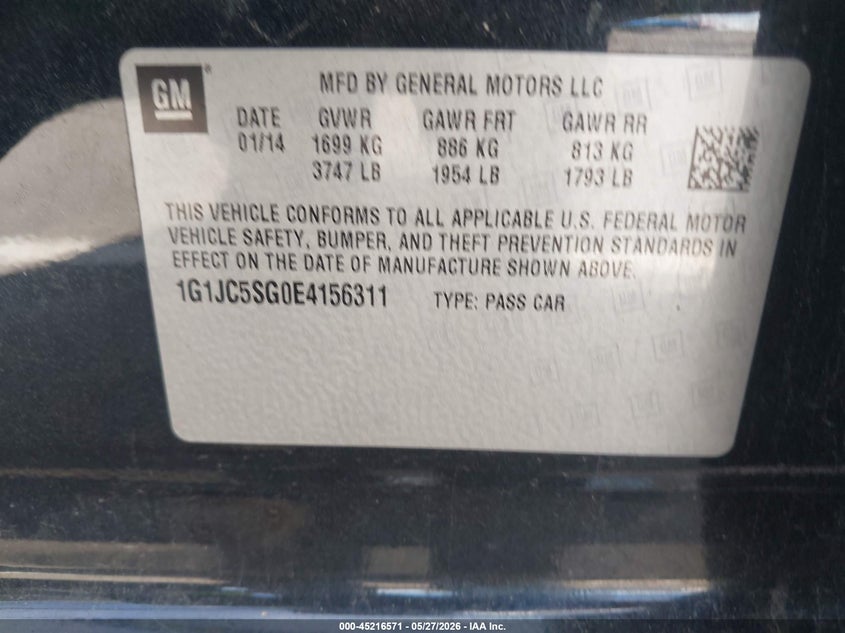 2014 Chevrolet Sonic Lt Auto VIN: 1G1JC5SG0E4156311 Lot: 45216571