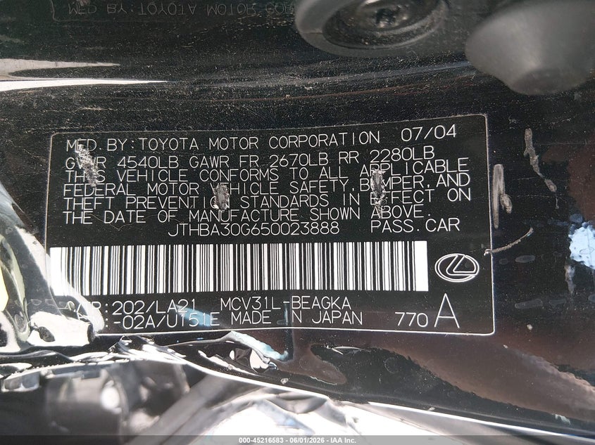 2005 Lexus Es 330 VIN: JTHBA30G650023888 Lot: 45216583