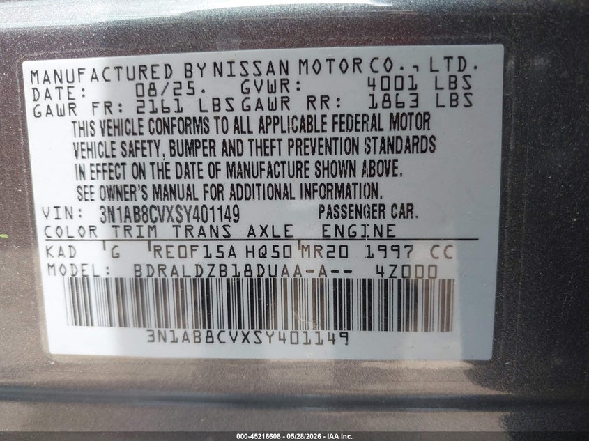 VIN 3N1AB8CVXSY401149 2025 NISSAN SENTRA SV