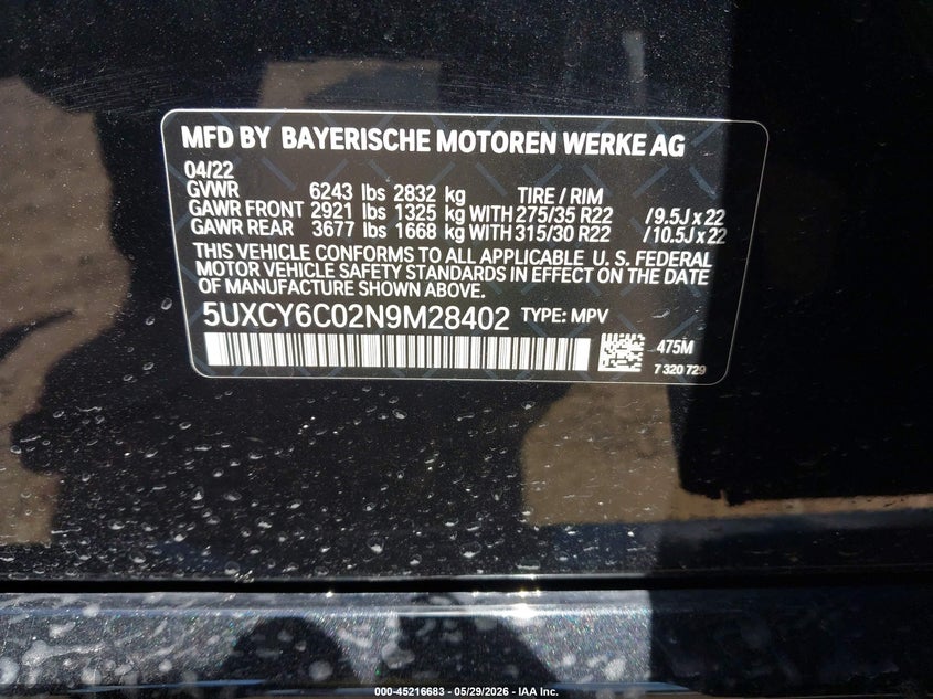 2022 BMW X6 xDrive40I VIN: 5UXCY6C02N9M28402 Lot: 45216683