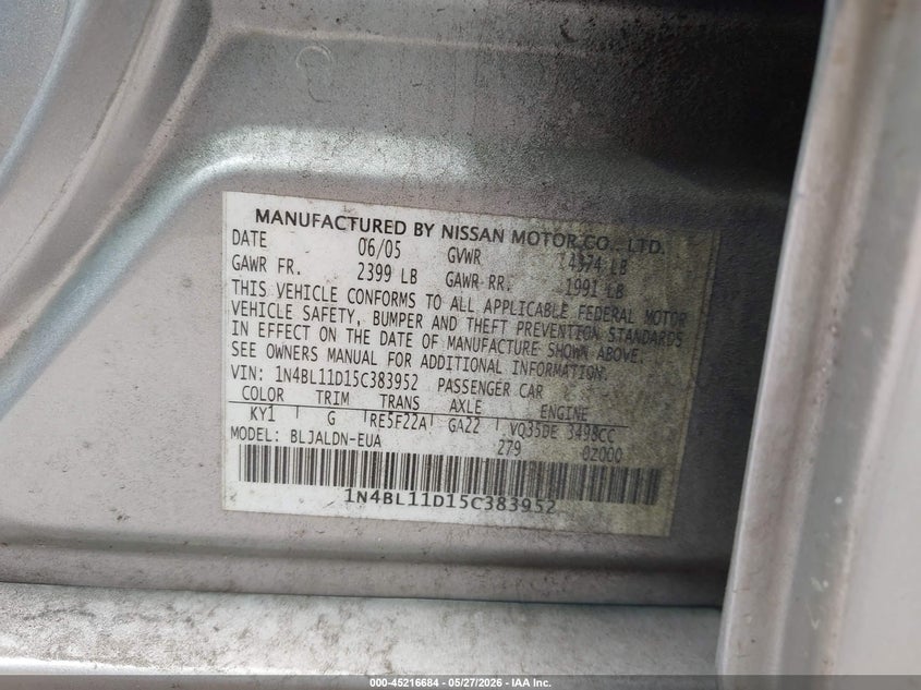 2005 Nissan Altima 3.5 Sl VIN: 1N4BL11D15C383952 Lot: 45216684