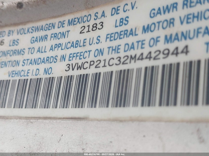 2002 Volkswagen New Beetle Gls Tdi VIN: 3VWCP21C32M442944 Lot: 45216705