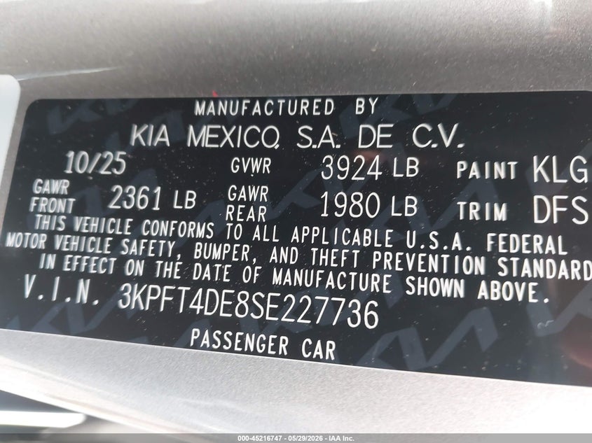2025 Kia K4 Lxs VIN: 3KPFT4DE8SE227736 Lot: 45216747