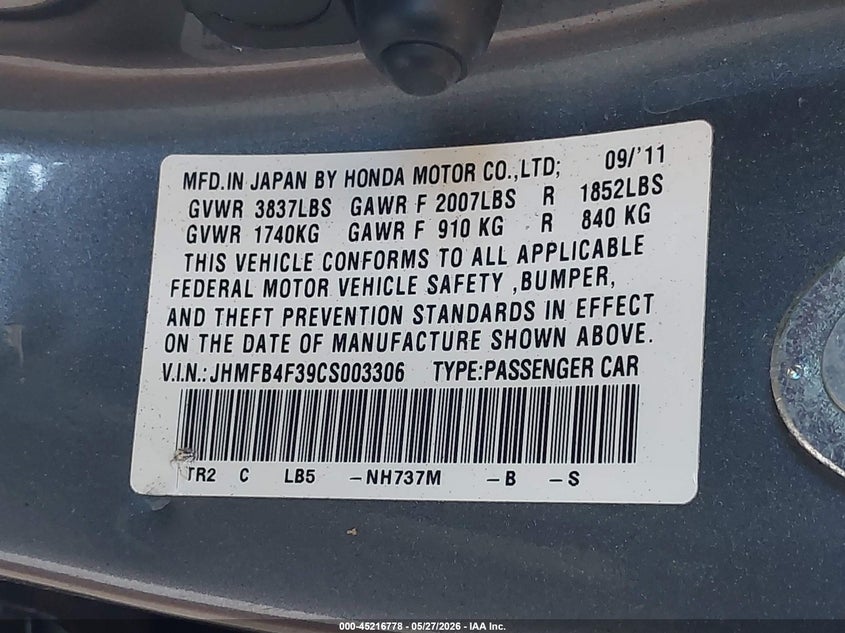 JHMFB4F39CS003306 2012 Honda Civic 1.5 Hybrid grey